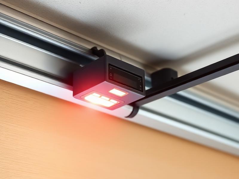 Garage door safety sensor with motion detection showing infrared beam technology