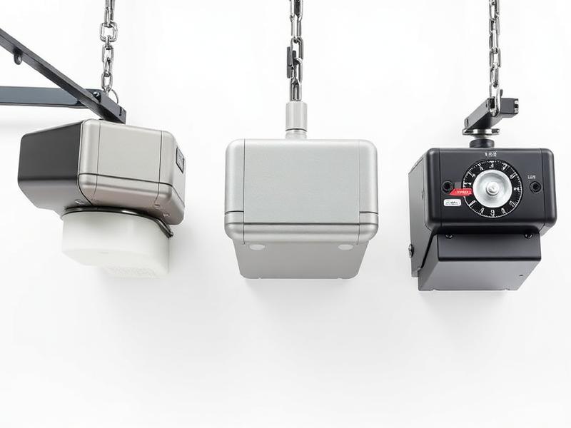Three different garage door opener types displayed for comparison - belt drive chain drive and screw drive