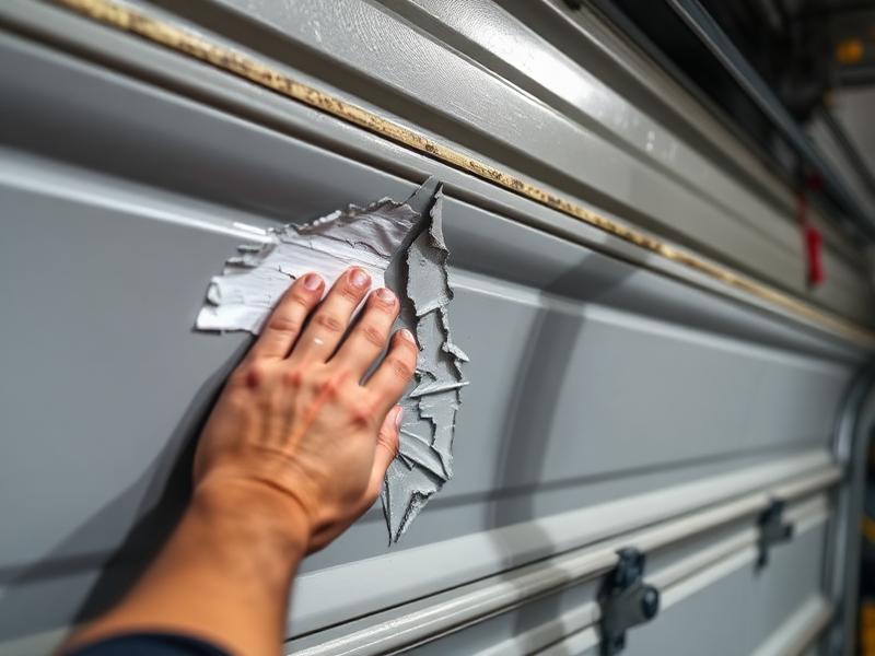 Professional garage door panel repair showing damaged panel being fixed by technician