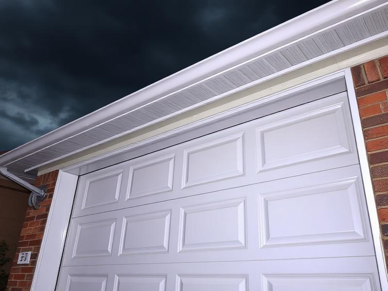 Garage door with dark storm clouds in background showing storm preparation importance