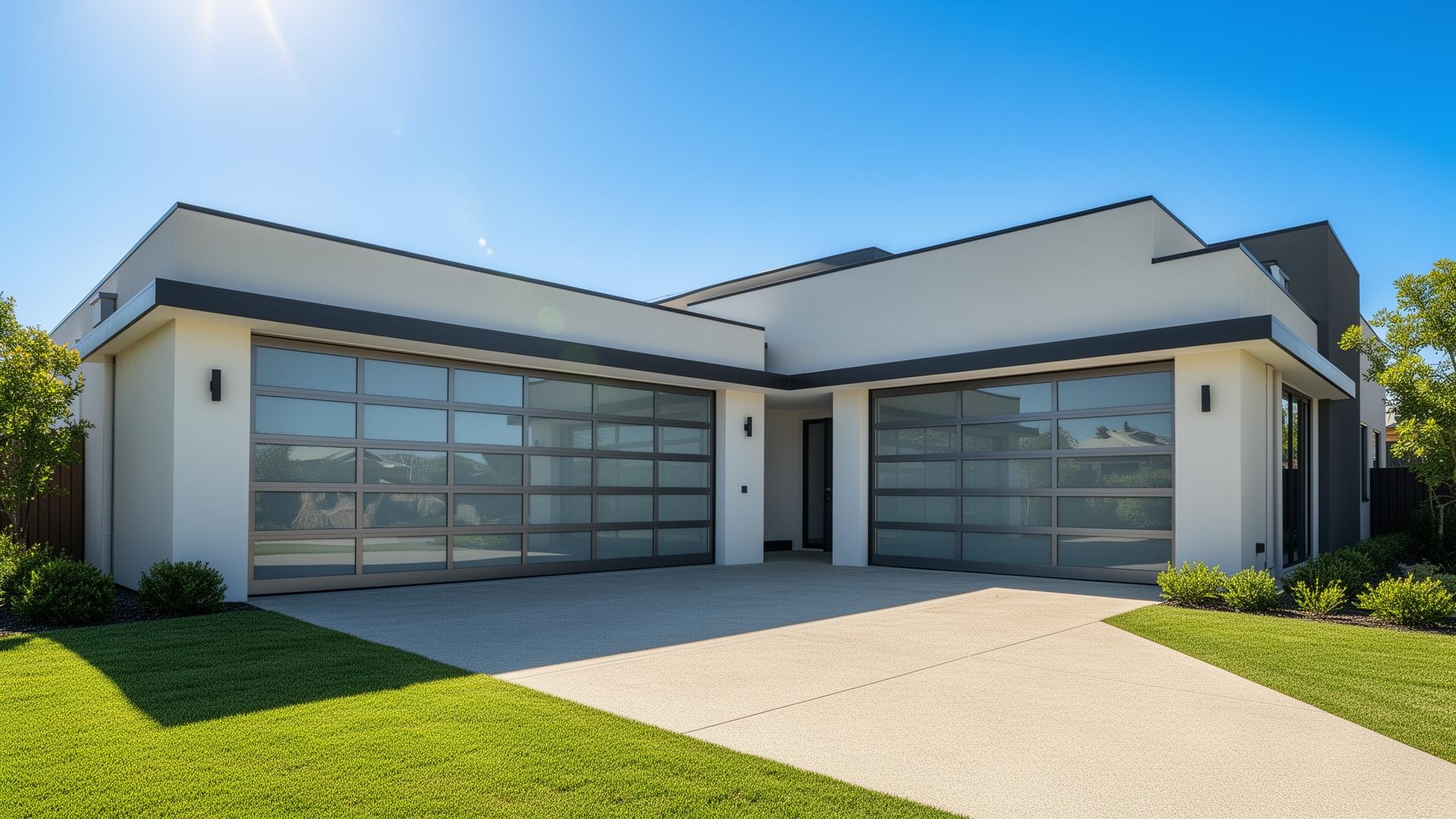 Modern contemporary home with custom aluminum glass panel garage doors in Richardson Texas